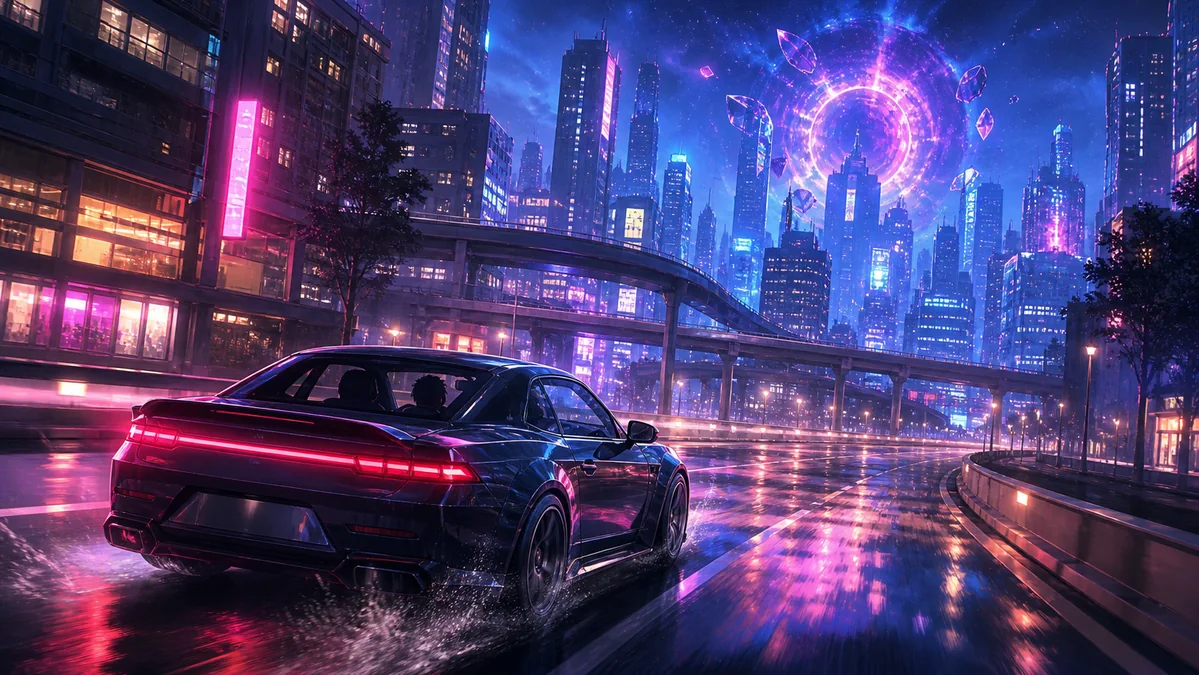 ネオン都市を車で探索するオリジナルイメージ